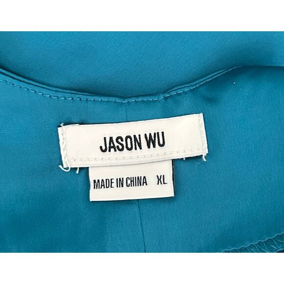 Jason Wu Teal Satin Midi Ruched Slip Dress Large Wedding Guest Event Cocktail - Picture 9 of 10